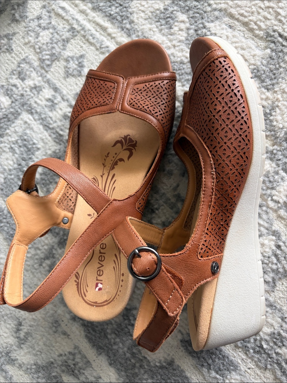 Revere Comfort Cognac Laser-Cut Wedge Sandals